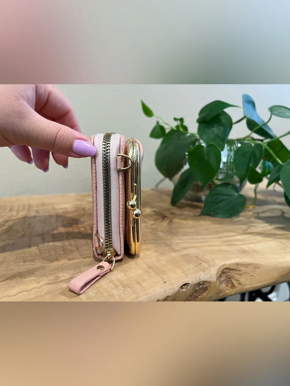 Carr Ken Pink Pebbled Leather Phone Wallet with Gold Frame
